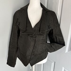 Cropped Asymmetrical Snap Front Jacket Ruffle Lapel Black Olive Utility‎